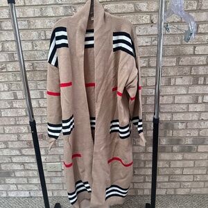 Red Black and White Striped Tan Open Front Long Sleeve Cardigan - Women's 2XL
